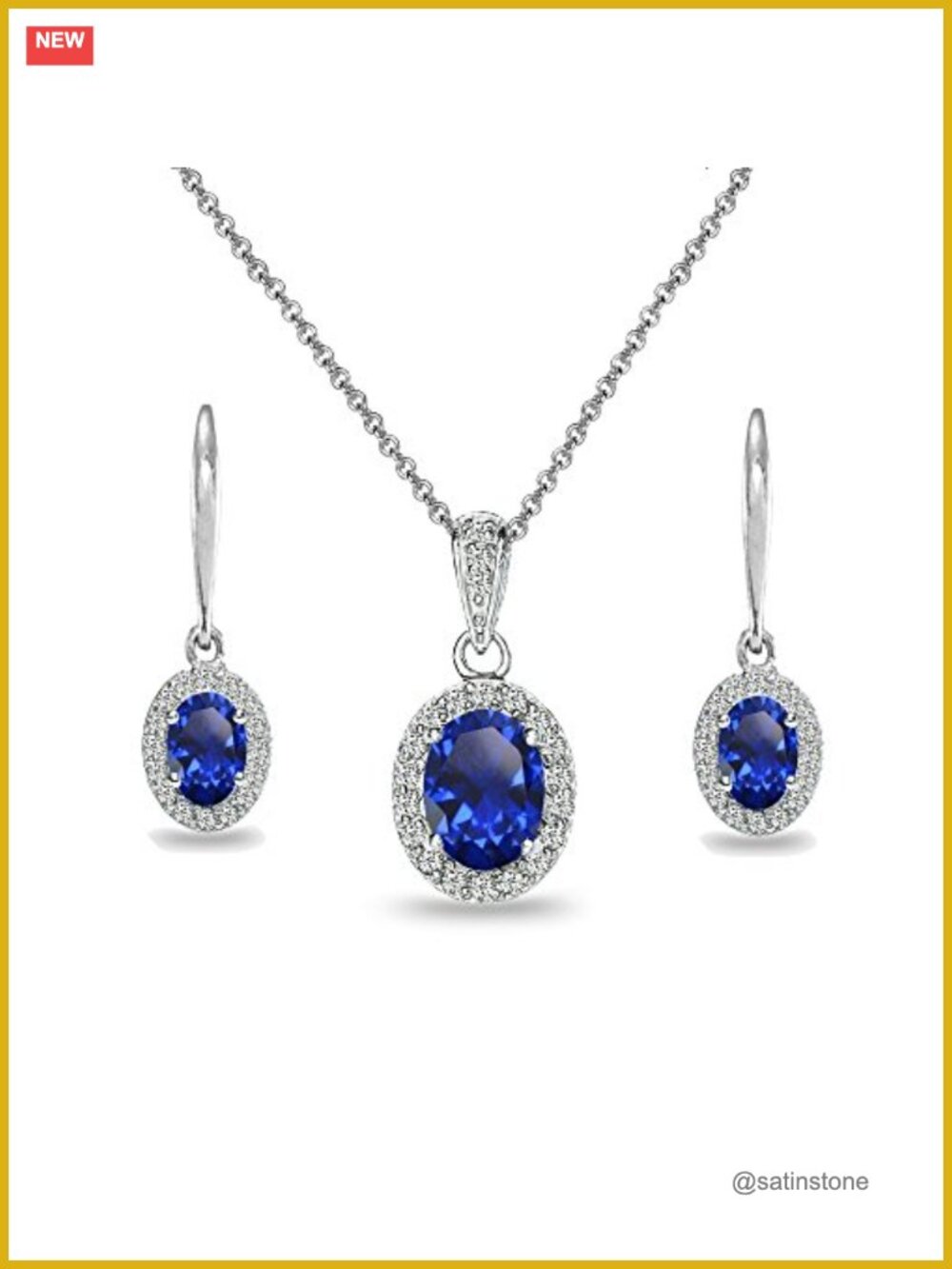 Sterling Silver Created Blue Sapphire & White Topaz Halo Earrings Necklace Set